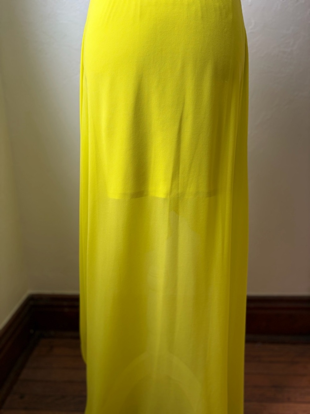 Bebe Neon Yellow Asymmetrical Maxi Skirt Sheer Overlay High Low Size 6 - Picture 8 of 10